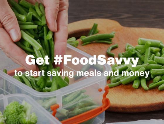 image that says get food savvy, to start saving meals and money